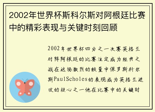 2002年世界杯斯科尔斯对阿根廷比赛中的精彩表现与关键时刻回顾