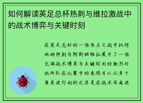 如何解读英足总杯热刺与维拉激战中的战术博弈与关键时刻