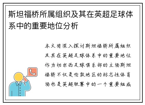 斯坦福桥所属组织及其在英超足球体系中的重要地位分析