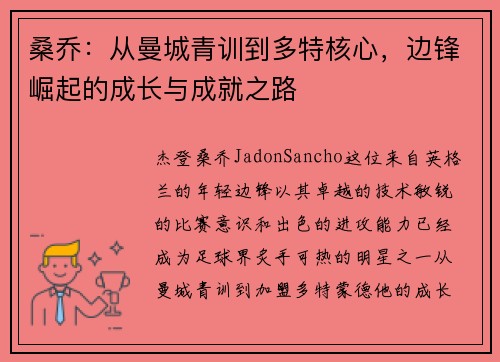 桑乔:从曼城青训到多特核心,边锋崛起的成长与成就之路 桑乔:从曼城青训到多特核心,边锋崛起的成长与成就之路
