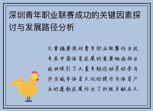 深圳青年职业联赛成功的关键因素探讨与发展路径分析